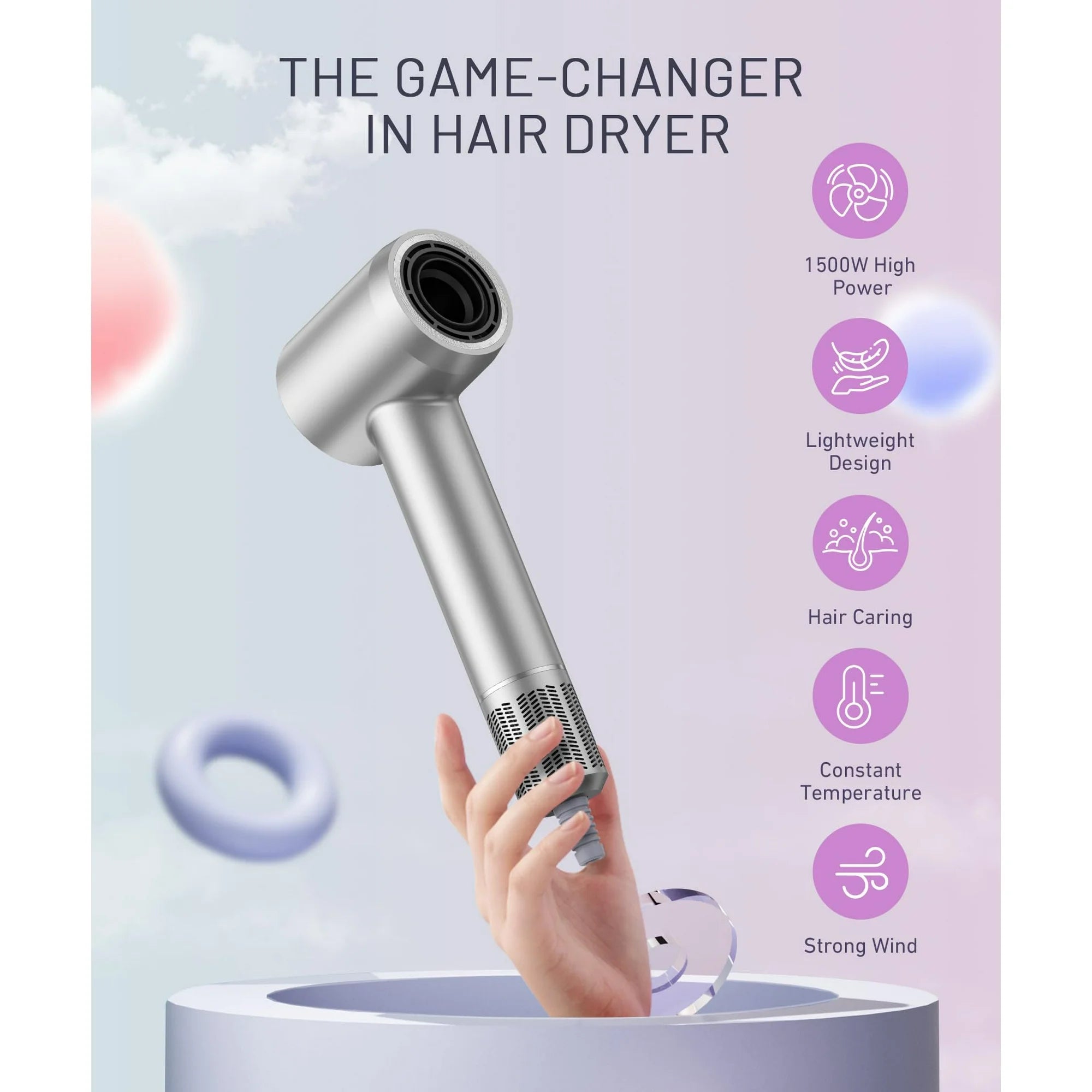 Fast Drying Hair Dryer ,150000 RPM High-Speed Blow Dryer,Low Noise Auto Temperature Control ,Come with Diffuser and Smooth Nozzle(Gray)