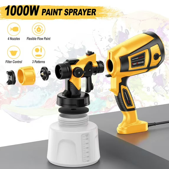 Purevigil Paint Sprayer 1000W HVLP High Power Electric Spray Paint Gun 1400ml High Capacity Container Easy to Clean for House Painting, Home Interior and Exterior