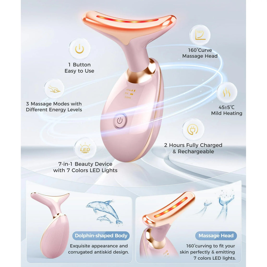 BeautifyEase Face Neck Massager,7-in-1 LED Lights for Skin Care,Rose Gold
